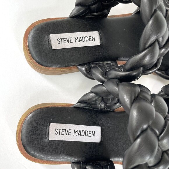 Steve Madden‎ Black Braided Open Toe Slides Flats Sandals Vegan Faux Leather - Picture 10 of 16